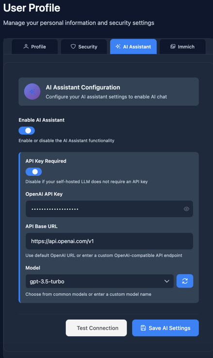 AI Assistant Settings Page