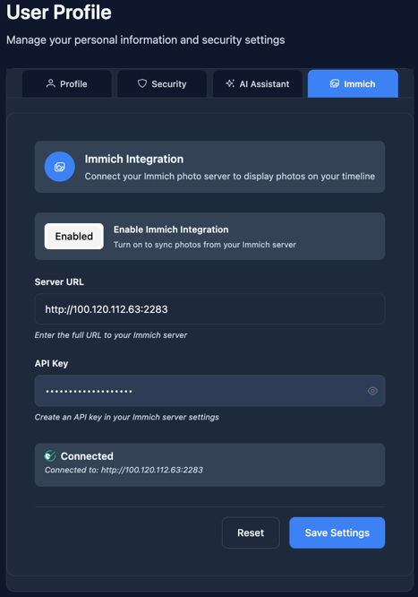 Immich Settings Page
